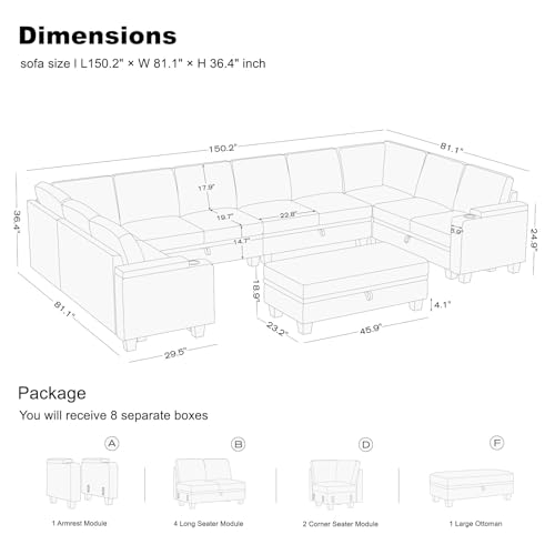 Belffin Modular Sectional Sofa Couch with Storage U Shape Convertible Corner Couches for Living Room Dark Grey Couch