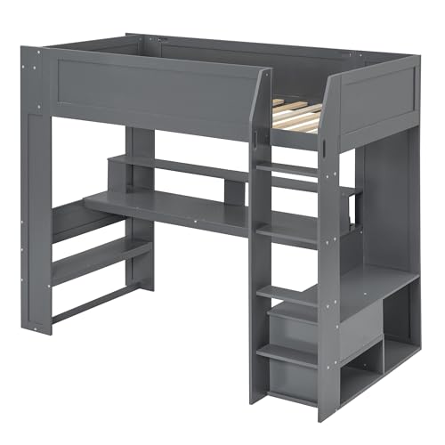 Gaming Bed with Desk,Wardrobe,Ample Storage Space,and RGB LED Light, Full Size Wood Loft Bed for Kids Bedroom (Cloud Blue/K)