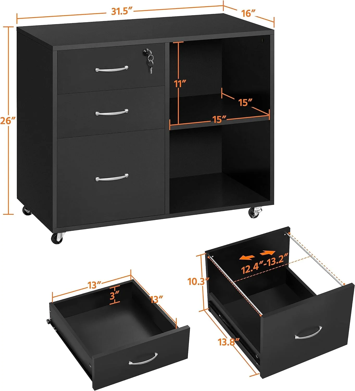 Black File Cabinet with Lock for Letter, A4 Size,3 Drawer Lateral Filing Cabinet Printer Stand with Open Storage Compartments