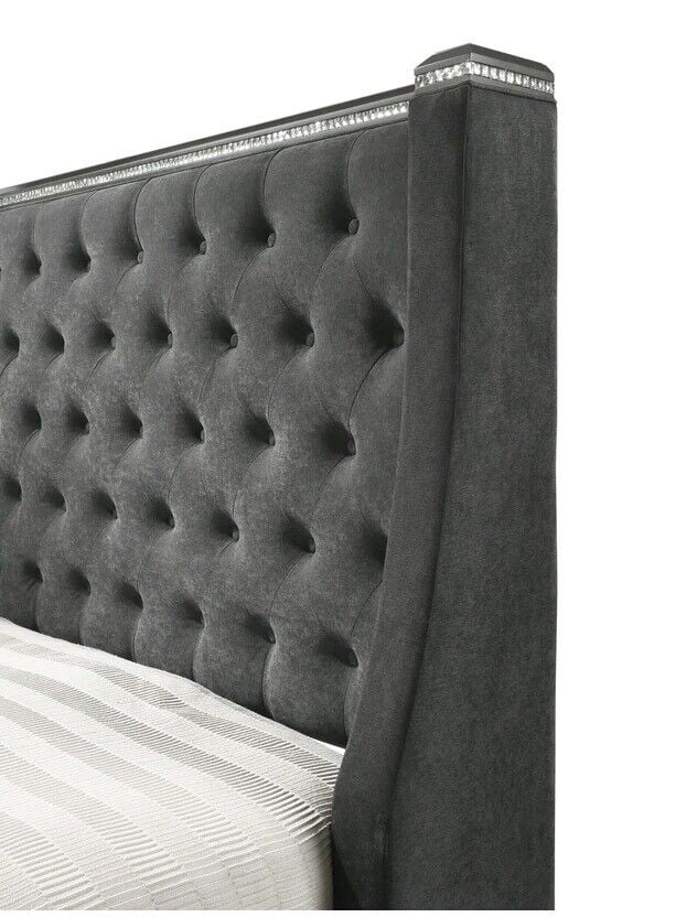Modern Glam Style 5pc Queen Size Bedroom Set Grey Upholstered Panel Bed Dresser Mirror Nightstand Bedroom Furniture