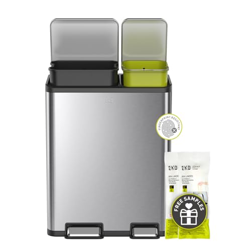 EKO EcoCasa II 36L+24L Dual Trash Can with Recycle Bin, Stainless Steel Garbage Can with Lid, Deodorizer Compartment