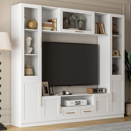 Entertainment Wall Unit for Living Room with Storage Bridge, Modern TV Stand with Glass Doors & Shelves, TV Media Console Table for TVs Up to 70"