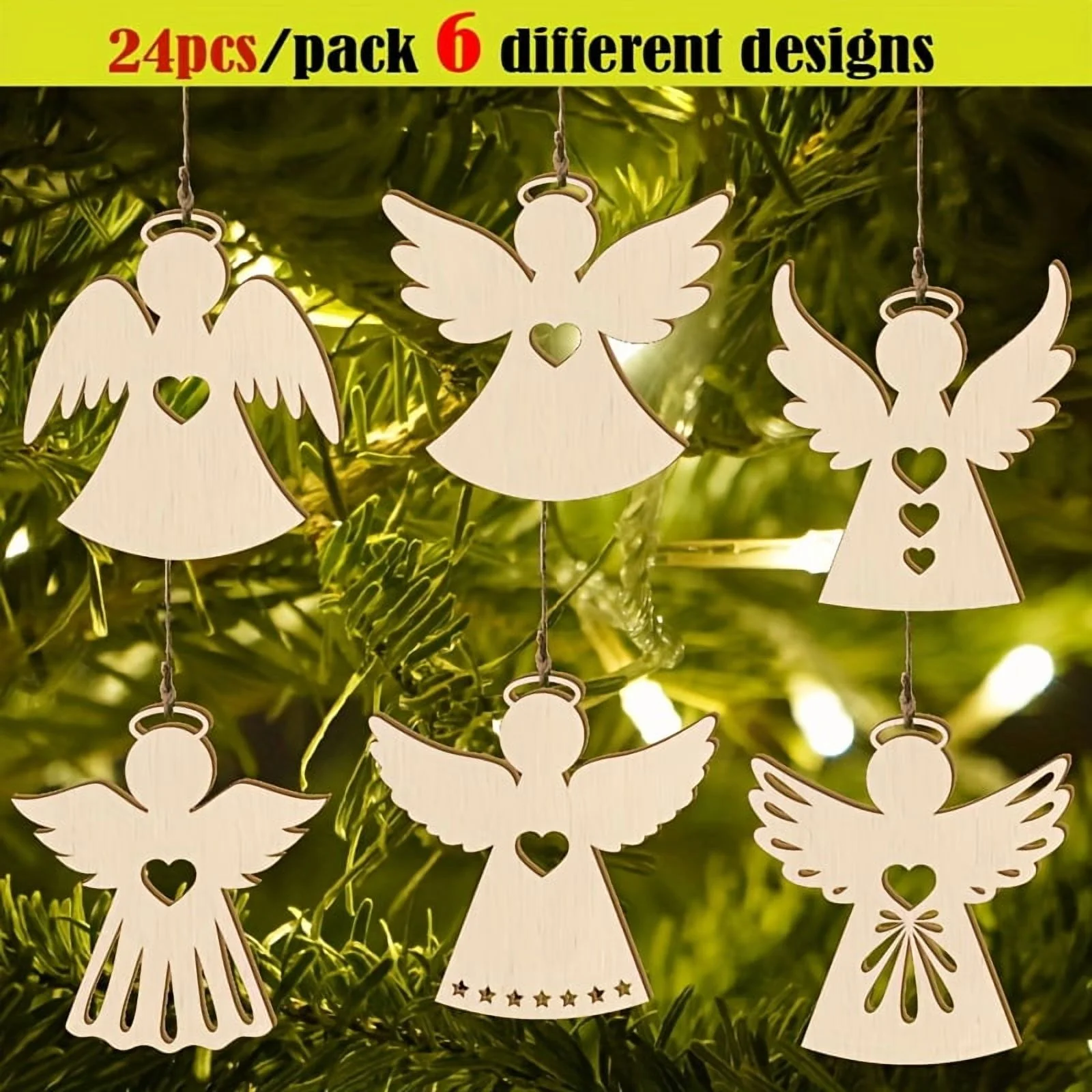 24pcs Unfinished Wood Hanging Decorations 6 Designs Angel Christmas Wooden Ornaments