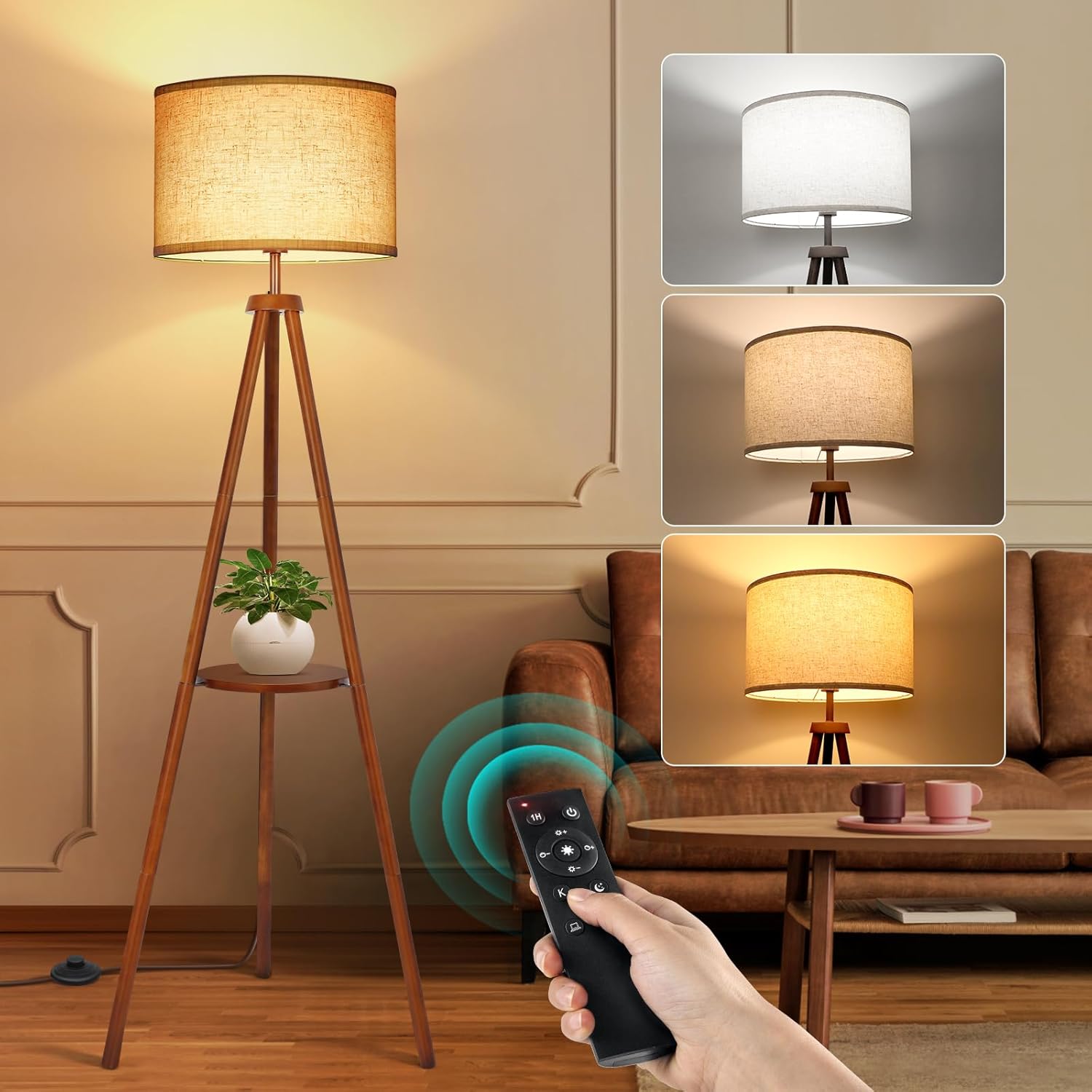 OUTON Wood Tripod Floor Lamp with Shelves, Mid Century LED Modern Dimmable Floor Lamp with Remote Control