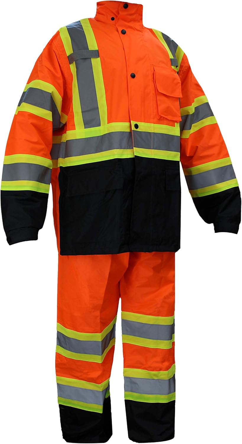 RK Safety RW-CLA3-TOR77 Class 3 Rain suit, Jacket, Pants High Visibility Reflective Black Bottom