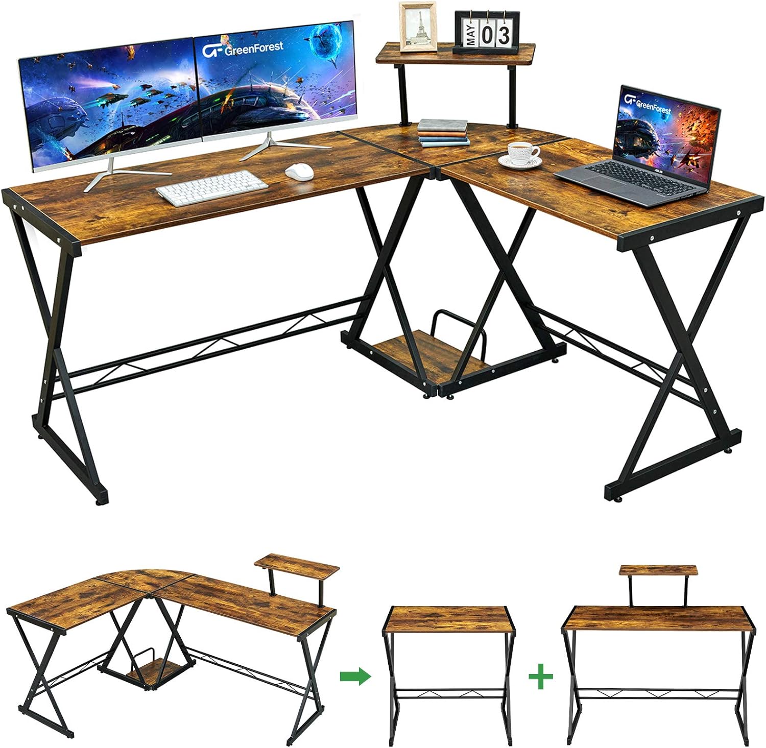 GreenForest L Shaped Desk 58 inch Reversible Corner Computer Desk with Movable Shelf and CPU Stand