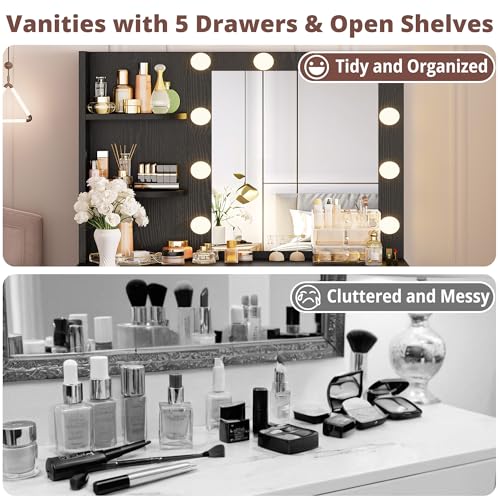 IRONCK Vanity Desk with Mirror and Lights, Small Makeup Vanity Table with 5 Drawers, Power Outlet, and Vanity Stool, 3 Lighting Colors