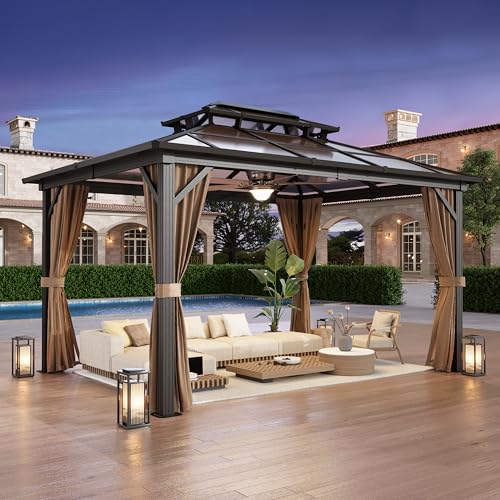 MELLCOM 10'x13' Hardtop Gazebo with Polycarbonate Double Roof, Aluminum Frame Outdoor Gazebo Permanent Pavilion with Curtains and Netting for Patio