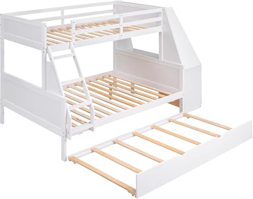 Twin Over Full Bunk Bed with Desk and Trundle, Wooden Bunk Beds Twin over Full Size with Storage Drawers and Shelf