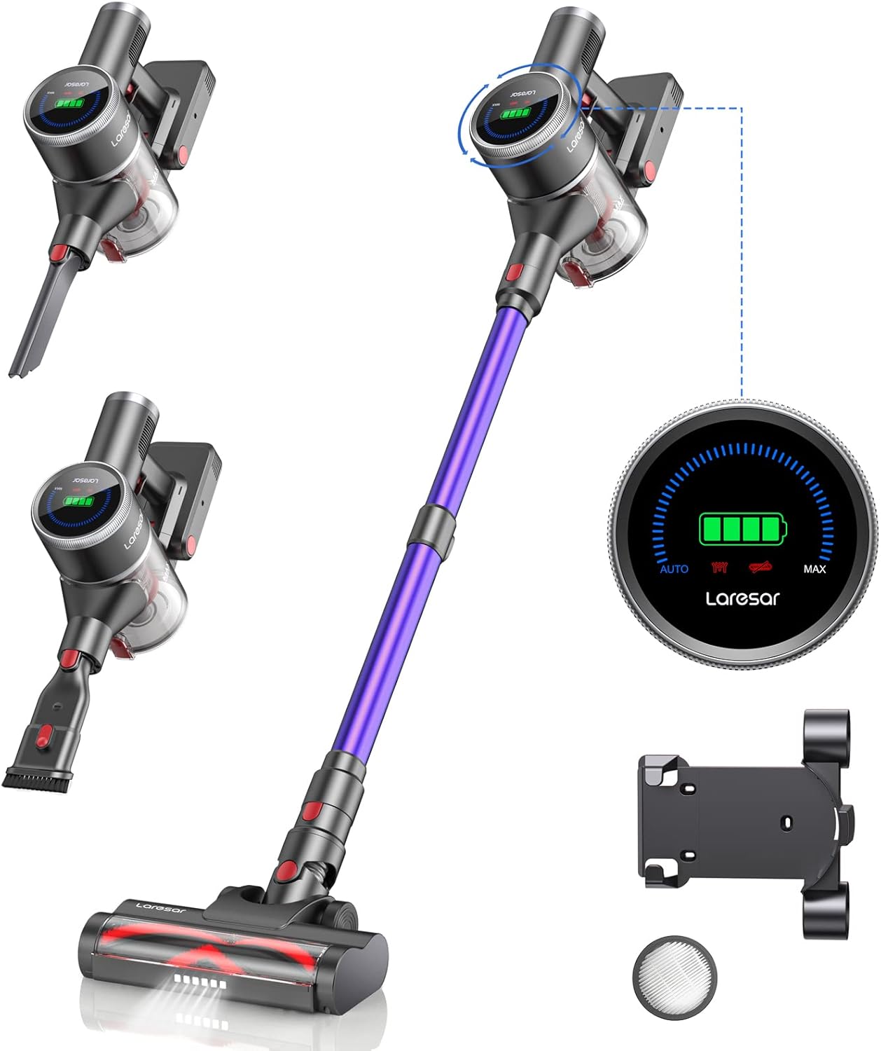 Laresar Cordless Vacuum Cleaner, 33Kpa Stick 400W Handheld with Mechanical Knob & LED Screen, Headlights, Up to 55Mins, Suitable for Carpet, Pet Hair