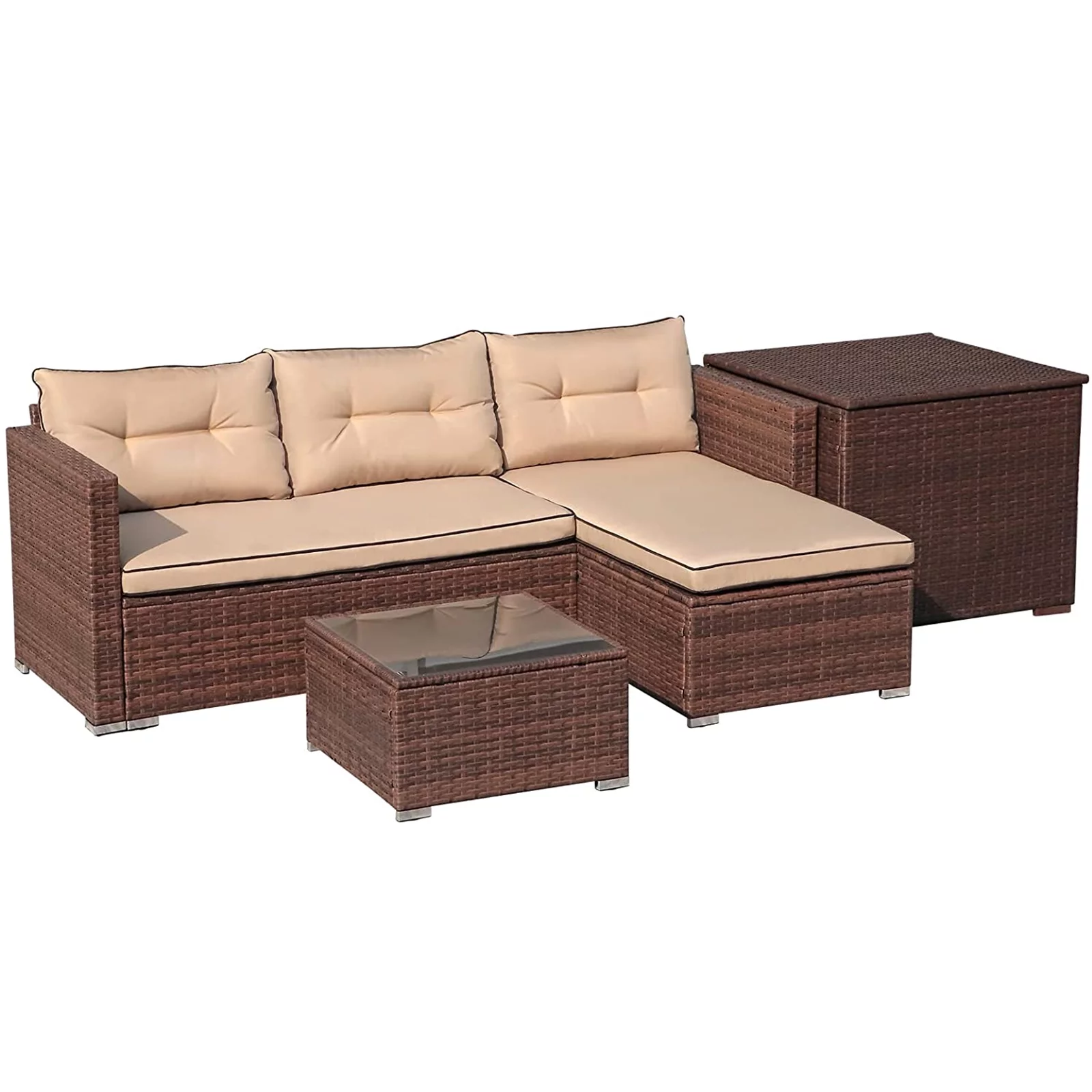 Patio Furniture Set, Outdoor Small Sectional Sofa Set with Storage Box, Patio PE Rattan Conversation Set
