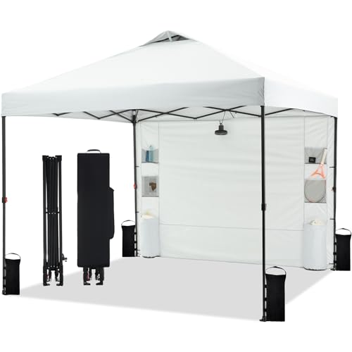 10'x10' Pop Up Canopy Tent with 1 Sidewall and 6 Pockets, One Push Setup, Instant Shade Tent with Vented Roof for Beach Patio Outdoor, Case, 8 Stakes