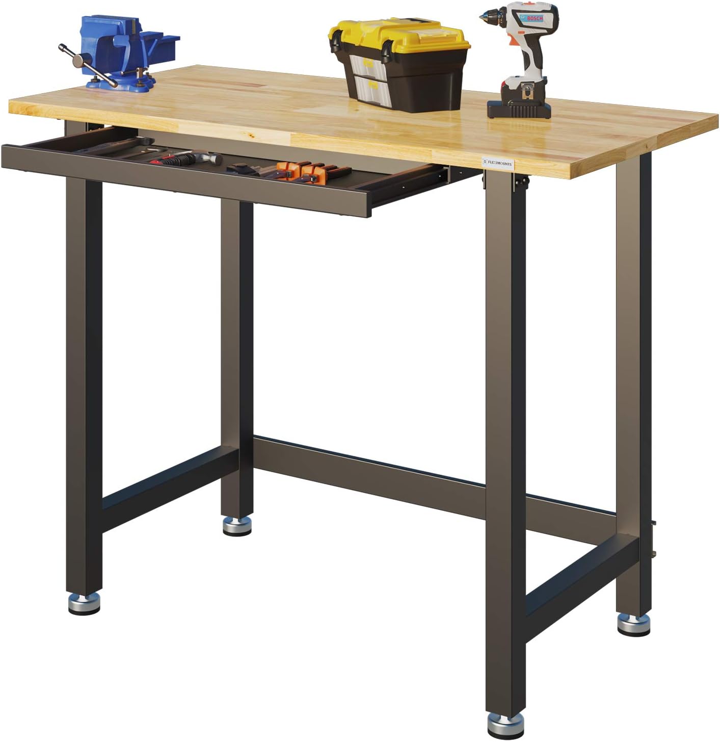 FLEXIMOUNTS Work Bench w/Drawer, 3000-lb Capacity，48“x 24“ Garage Workbench Workstation, Rubber Wood Work Table Top Heavy-Duty Steel Frame