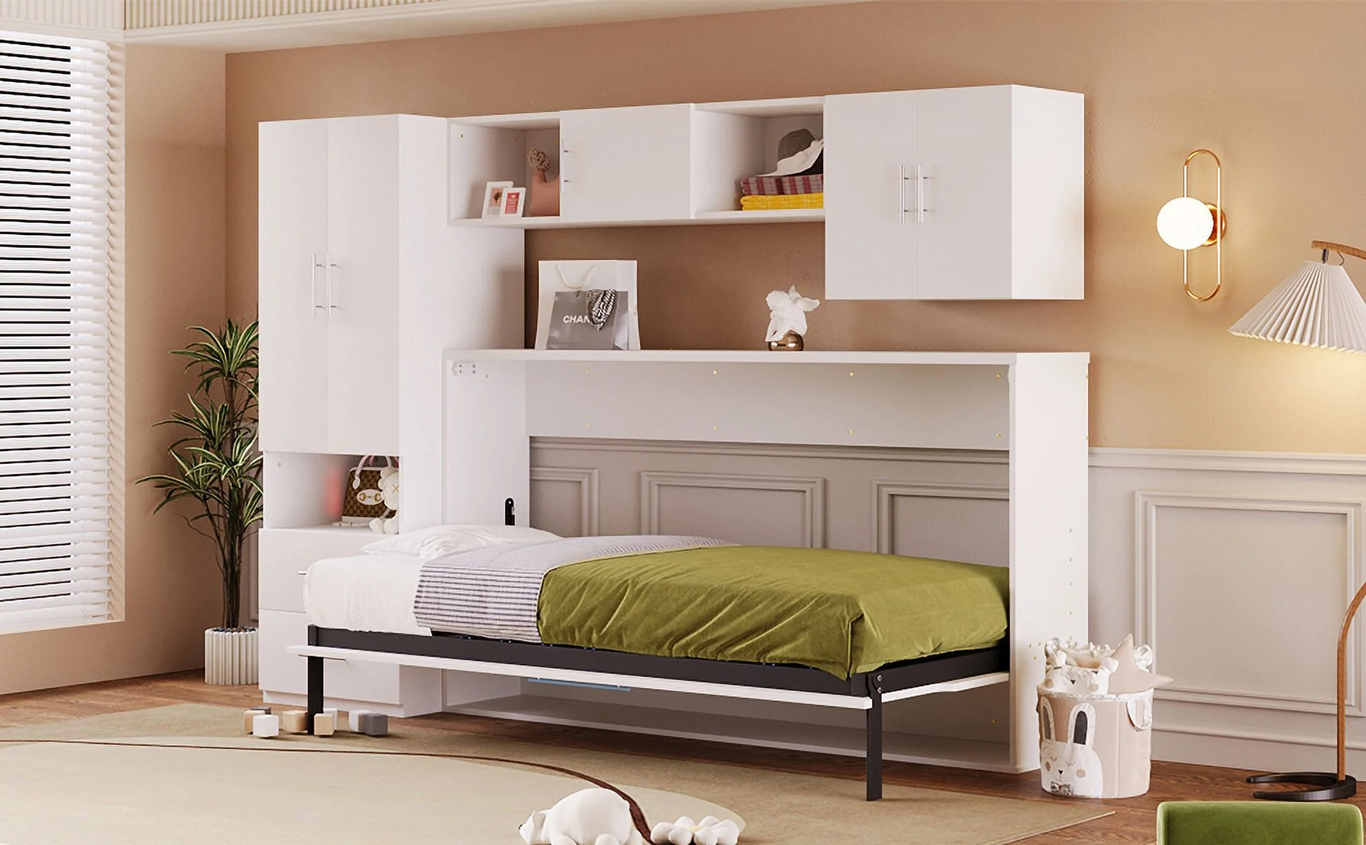 CoSoTower Twin Size Murphy Bed with Open Shelves and Storage Drawers,Built-In Wardrobe and Table, White