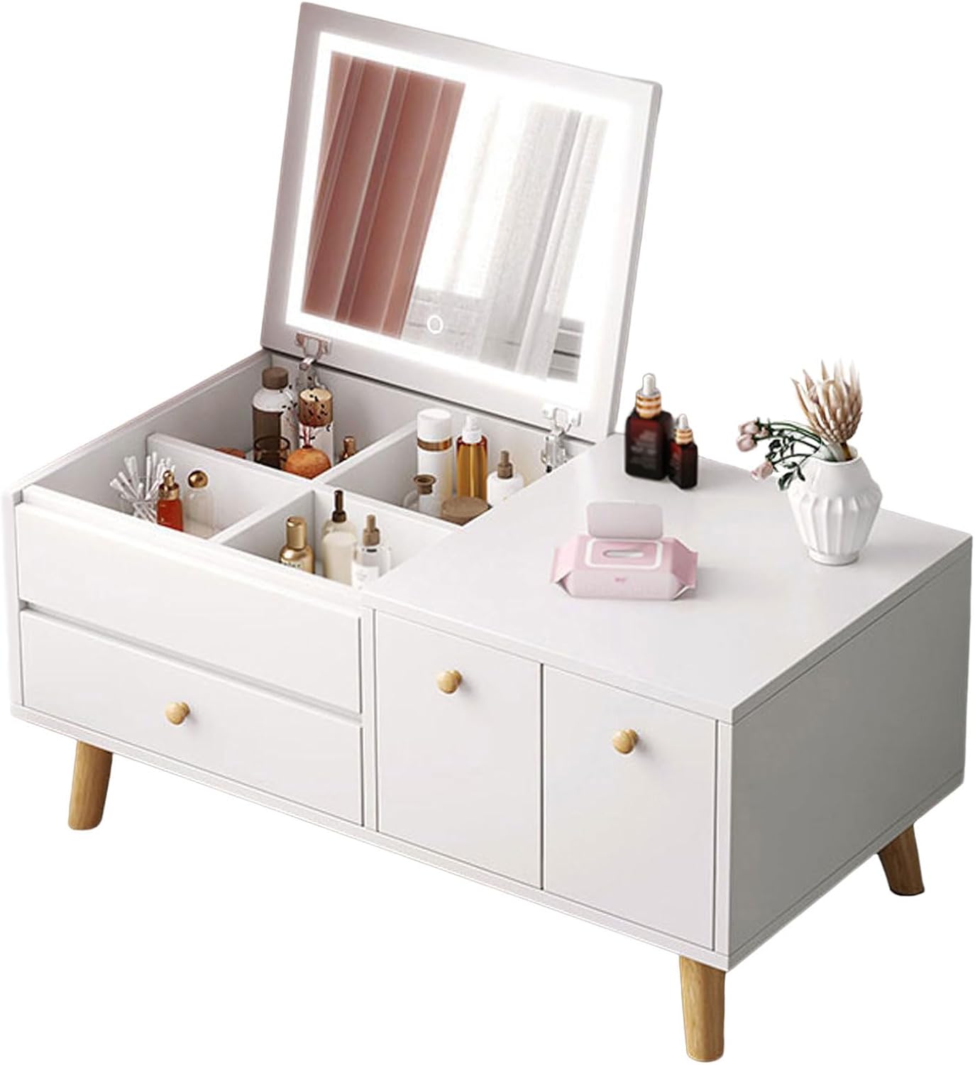 Dressing Table with Flip Top Mirror and Drawer, 3 Colors Touch Screen Adjustable Brightness