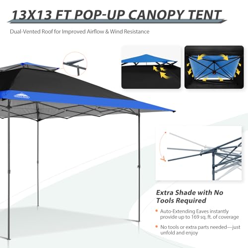 EAGLE PEAK 13x13 Straight Leg Pop Up Canopy Tent Instant Outdoor Canopy Easy Single Person Set up Folding Shelter w/Auto Extending Eaves 169 Square