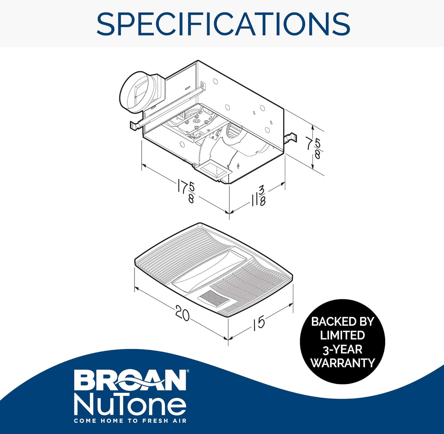 Broan-NuTone QTX110HL Very Quiet Ceiling Heater, Fan, and Light Combo for Bathroom and Home, 0.9 Sones, 1500-Watt Heater, 60-Watt Incandescent Light