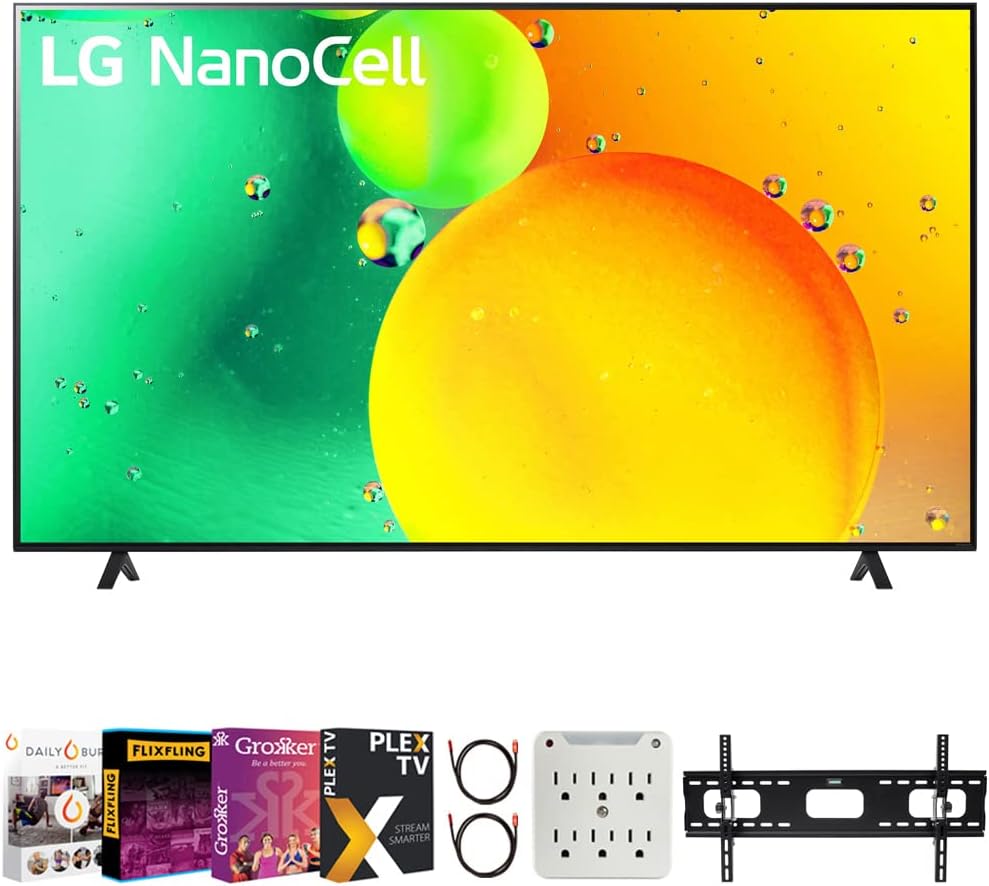 LG 55NANO75UQA 55 Inch HDR 4K UHD Smart NanoCell LED TV 2022 Bundle with Premiere Movies Streaming 2020 + 37-100 Inch TV Wall Mount + 6-Outlet Surge
