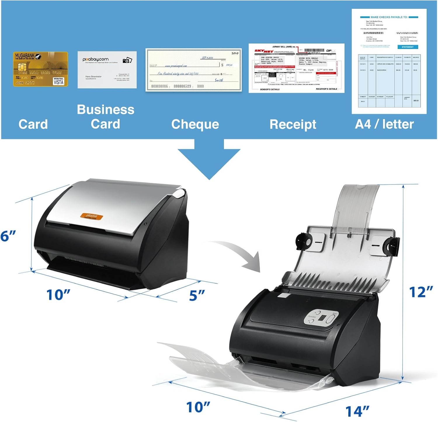 Plustek PS186 Desktop Document Scanner, with 50-pages Auto Document Feeder (ADF). For Windows 7 / 8 / 10 / 11 (Intel/AMD only)