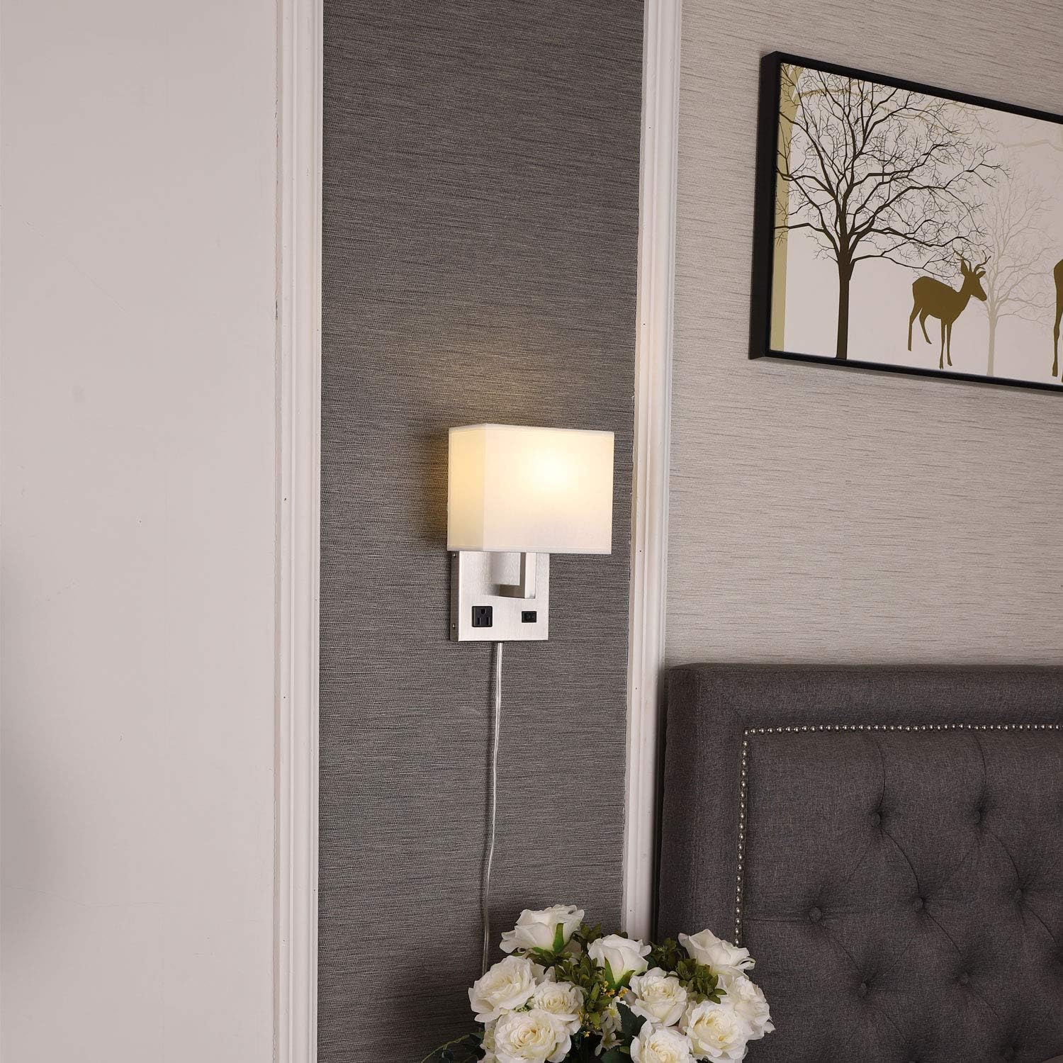 Postmodern Bedside Wall Mount Light with AC Outlet and Switch,Plug in Cord Hardwire,Brush Nickel,White Fabric Shade
