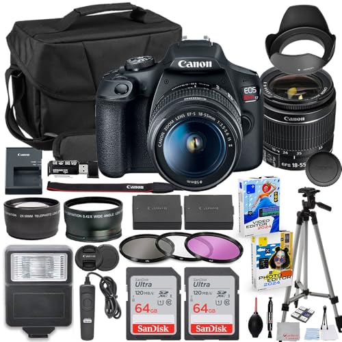 Canon EOS Rebel T7 DSLR Camera with 18-55mm Lens Bundle with Extra Canon Battery + 2X 64GB Memory Cards + Accessory Kit Including Bag, Flash, Remote