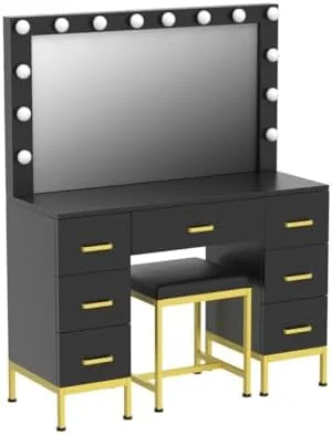 RUNFAYBIU Vanity Set with Lighted Mirror  44''  Vanity Dressing Table with 14PCS LED Bulbs  Vanity Desk with Cushioned Stool &amp