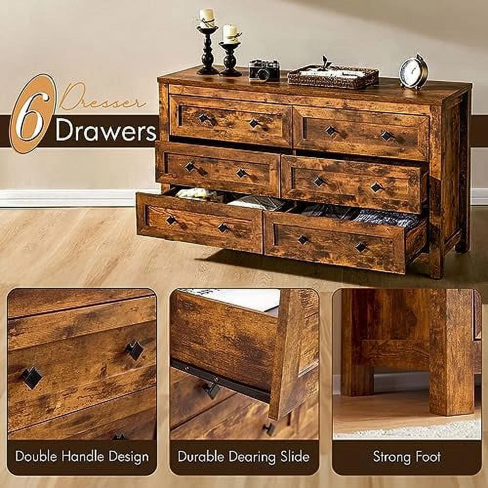 HOOMHIBIU 6 Drawers Dresser for Bedroom  Farmhouse Wood Chest of Drawers with Vintage Grain Texture  Drawer Double Dresser for Bedroom  Living Room