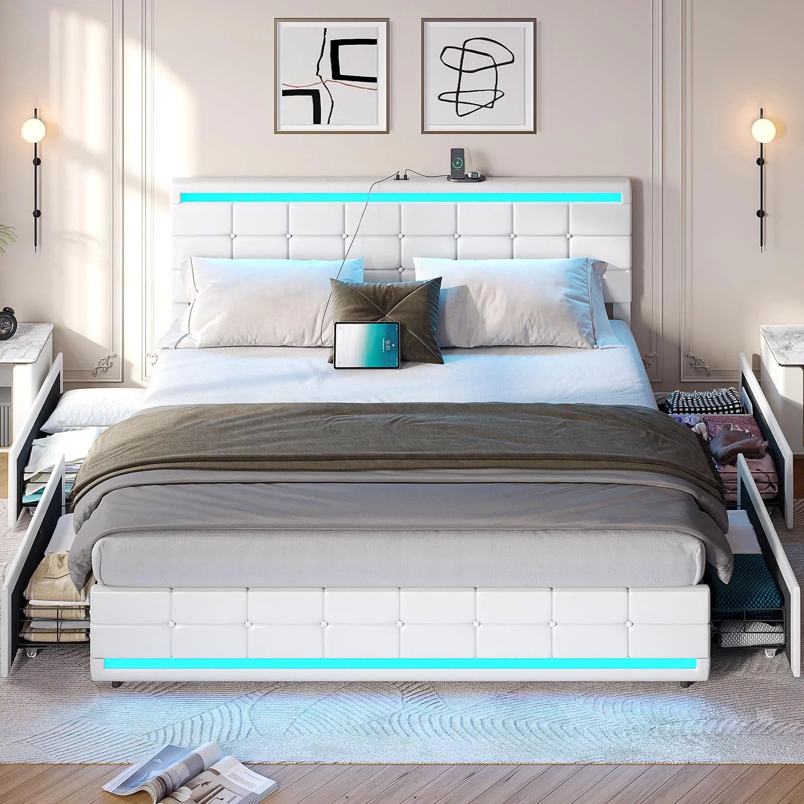 King Bed Frame with Storage Drawers, Platform Bed Frame with LED Lights and USB Port,Leather Upholstered Headboard,Wooden Slats,White