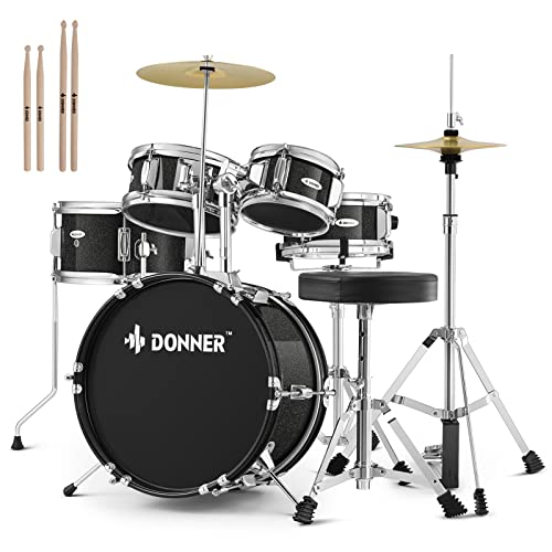 Kid Drum Sets-Donner 5-Piece for Beginners, 14 inch Full Size Complete Junior Drum Kit with Adjustable Throne, Cymbal, Hi-Hat, Pedal & Drumstick