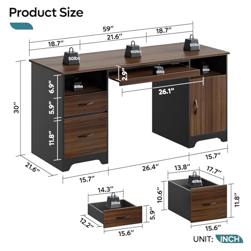 Bestier 59” Executive Desk with 2 Drawers, Computer Desk with Storage Cabinet, Industrial Wood Desk with File Drawer