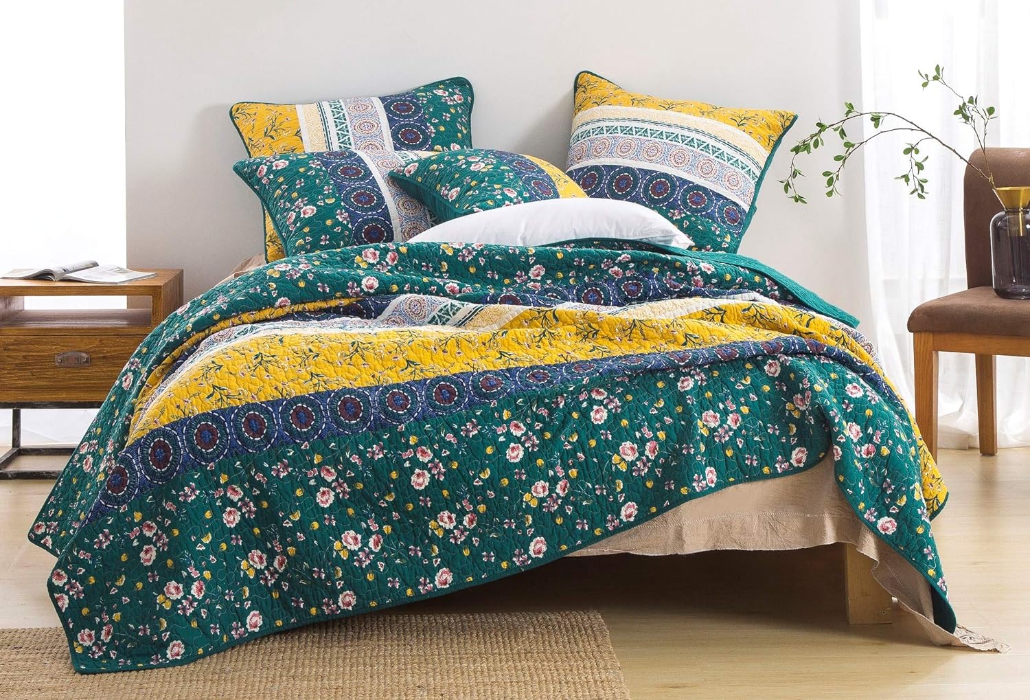 Bohemian Gardenia Floral Patchwork Bedspread Set - Cotton Bed Of Wild Flowers Botanical Quilted Coverlet - Bright Vibrant Yellow Blue Teal Green