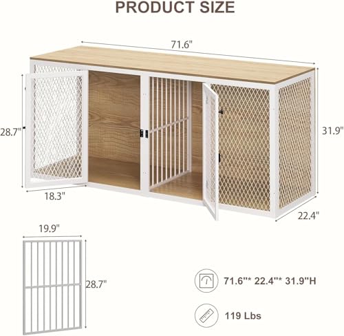 71 Inch Dog Crate Furniture for 2 Dogs, XXL Double Cage with Removable Divider & Large Doors, Heavy Duty Wooden Dog Kennel, Indoor Pet House (Black