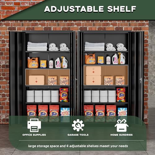 Greenvelly Metal Storage Cabinet, 72" Black Locking Metal Garage Storage Cabinet with Doors and 4 Adjustable Shelves