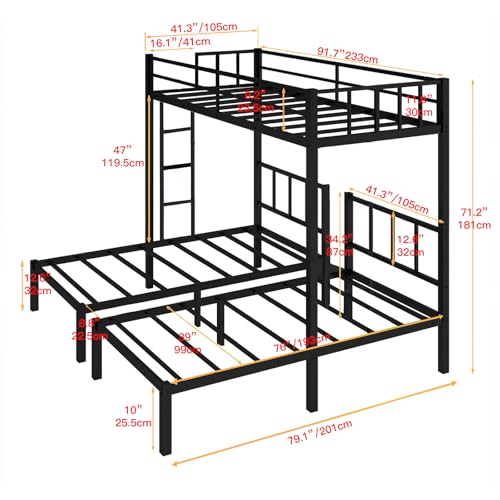 Twin Triple Bunk Bed, Heavy Duty Metal Bunk Bed with Guardrails, Ladder, Detachable Into 3 Twin Beds for Kids, Teens and Adults, Space-Saving Design