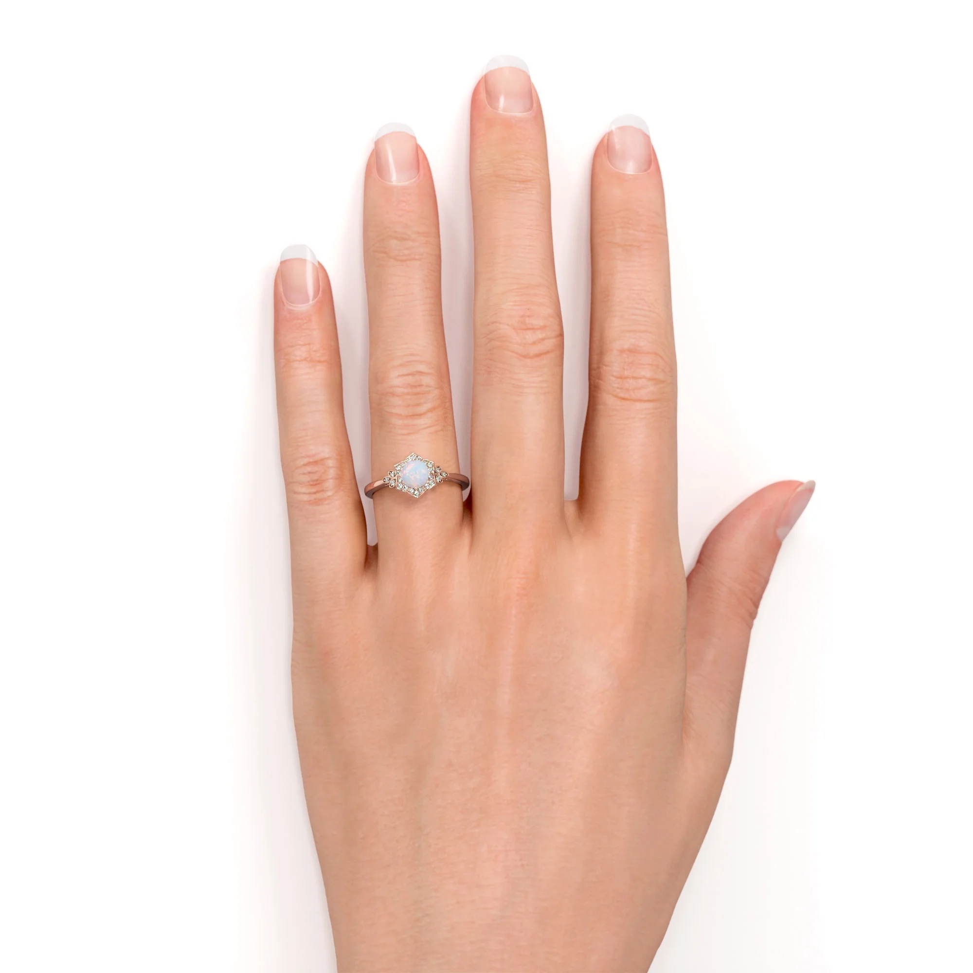 JeenMata Vintage 1.75 ct Round Ethiopian Opal and Moissanite Engagement Ring in 18K Rose Gold over Silver