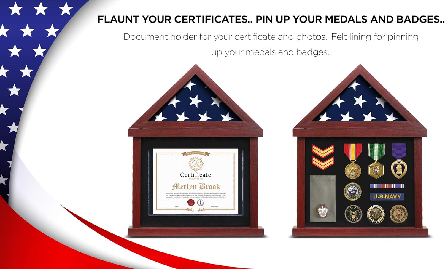 Flag Case Flag Display Case Military Shadow Box Flag and Certificate Display Case 95% Clear with Felt Lining Holder for Medal Certificate fits Folded