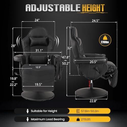 Massage Gaming Recliner Chair with Cup Holder & Side Pockets – Ergonomic PU Leather Video Gaming Chair with Footrest, Manual Recline