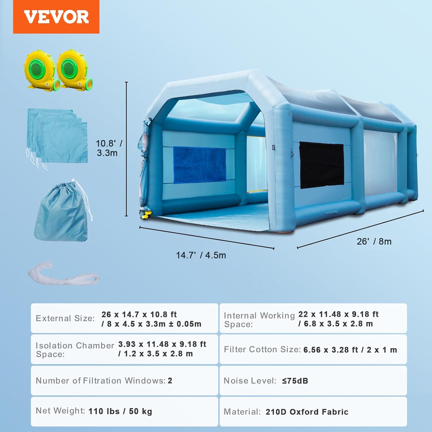 VEVOR 26x15x11ft Inflatable Paint Booth, Inflatable Spray Booth, High Powerful 750W+950W Blowers Spray Booth Tent