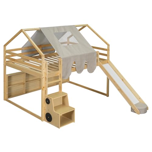 Harper & Bright Designs Kids Twin Low Loft Bed with Slide and Storage Shelves, Wood Playhouse Loft Bed Frame with a Tent & Stairs