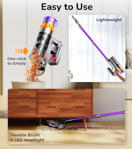 Cordless Vacuum Cleaner, 550W 48Kpa 70 Mins Vacuum Cleaners for Home, Self-Standing Stick Vacuum with Touch Screen, Wall Dock