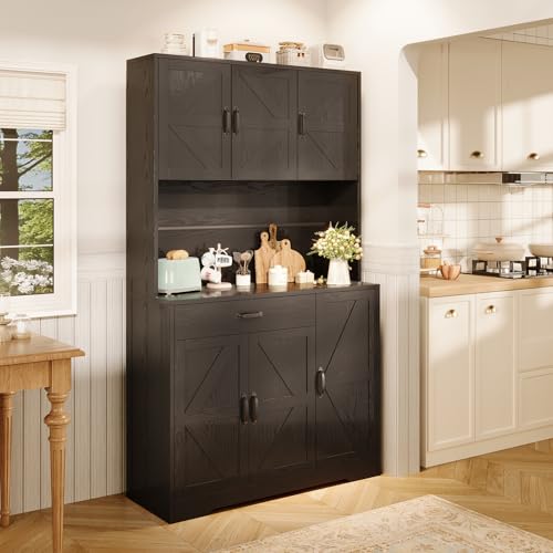 72" Tall Storage Cabinet, Kitchen Pantry Cabinet with Adjustable Shelves & Sturdy Steel Frame, Farmhouse Pantry Storage with 4 Barn Doors for Kitchen