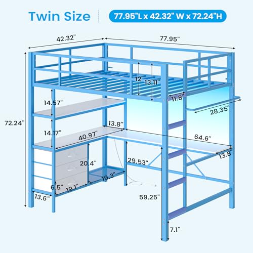 DICTAC Loft Bed Full Size with L-Shaped Desk and Charging Station Full Metal Bed Frame with LED Lights,Open Shelves and 3 Fabric Storage Drawers