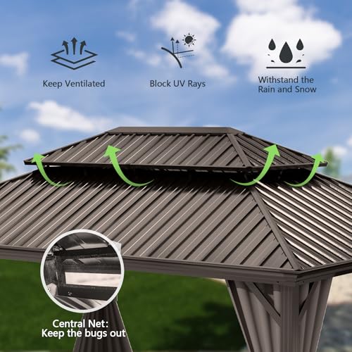 Domi 10’ x 10’ Hardtop Gazebo Metal Frame Canopy with Netting & Curtains
