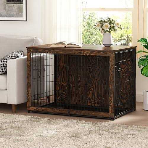 Megidok Wooden Dog Crate Furniture with Cushion Dog Crate End Table with Tray - Pet Supplies online store