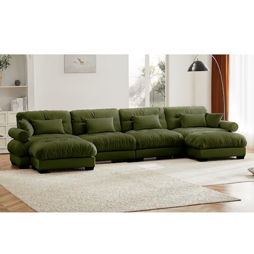 130" Modular Sectional Sofa,Velvet Upholstered Couches for Living Room,3 Seater Green Sofa Couch with Movable Ottoman