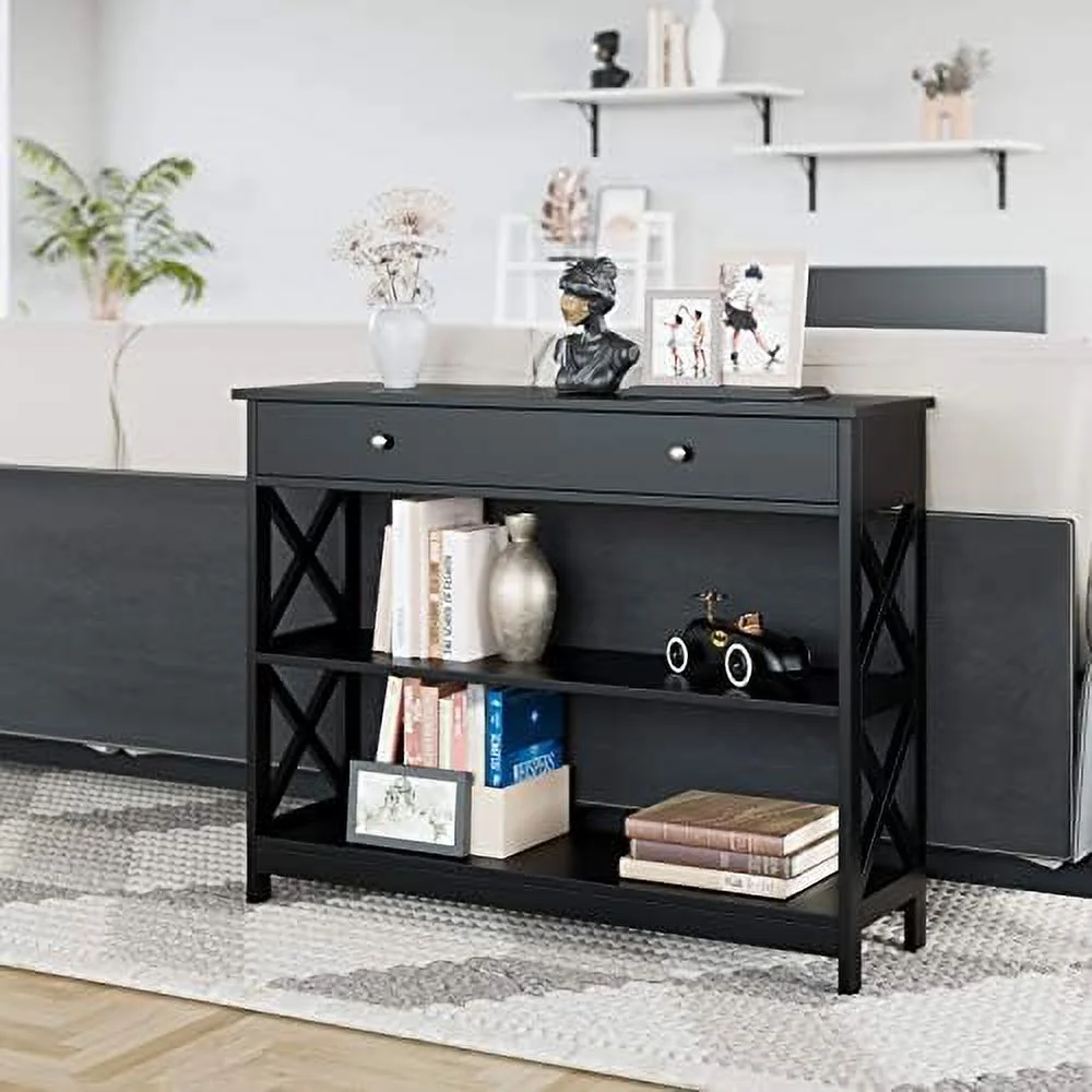 3-Tier Console Table with 1 Drawer and 2 Open Shelves  Narrow Wood Hallway Table Entry Table  X-Shaped Side Sofa Table for Living Room  Easy Assembly