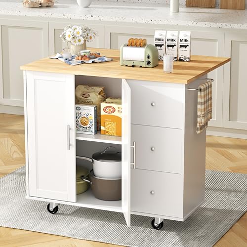 Shintenchi Rolling Kitchen Island Cart with Folding Drop Leaf Breakfast Bar, Portable Trolley Island with Large Storage Cabinet, Shelf and Drawer