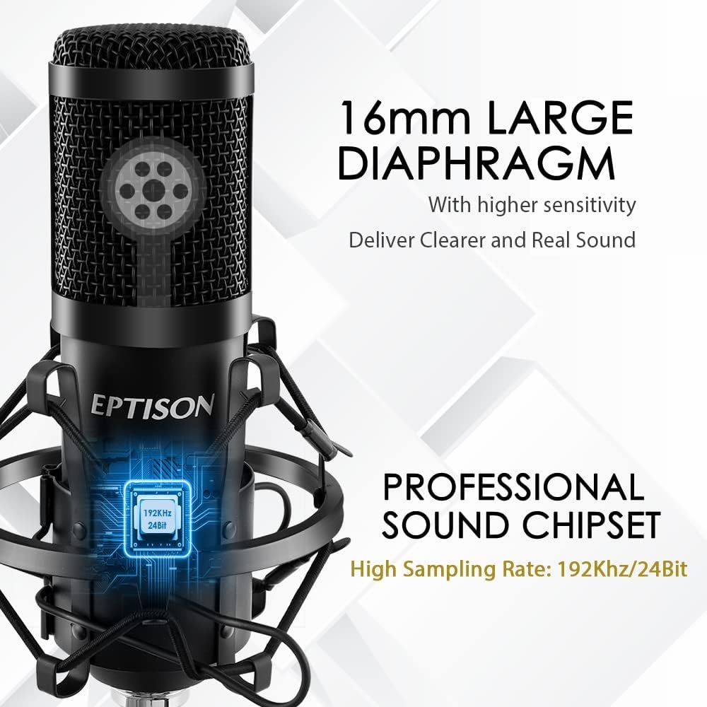 USB Microphone, EPTISON 192kHZ/24bit Professional PC Podcast Streaming Cardioid Condenser Microphone Kit with Boom Arm, Shock Mount, Pop Filter