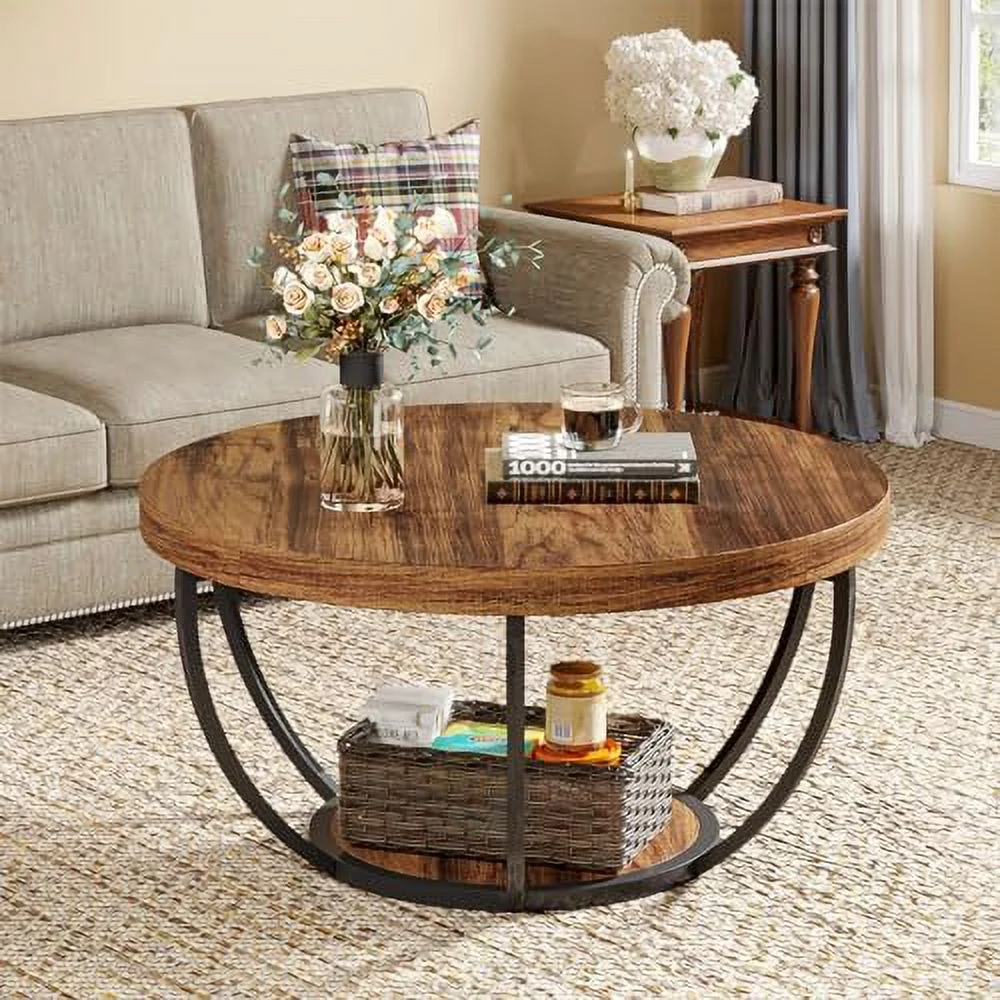 Round Coffee Table  Industrial 2-Tier Circle Coffee Table with  Shelves  JOMA 31.7"