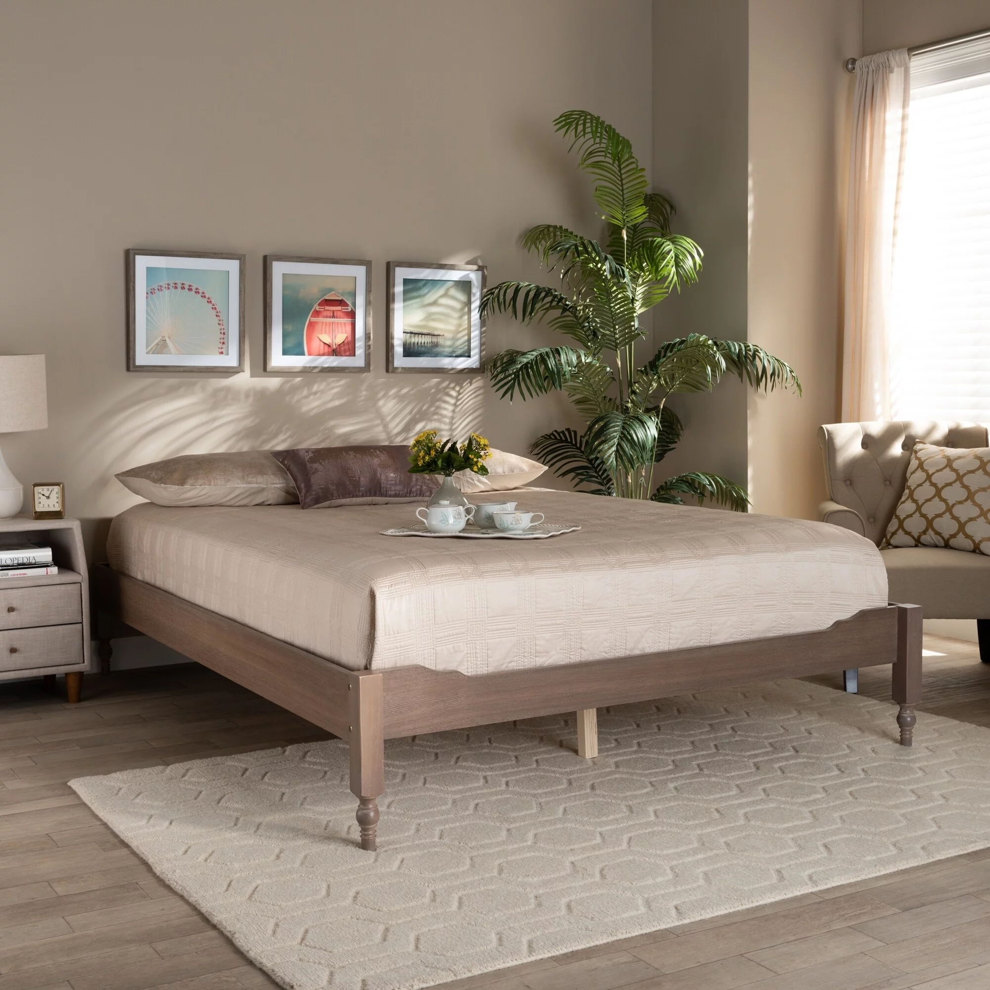 The Gray Barn  Melanie Mount French Bohemian Wood Platform Bed Frame Antique white King
